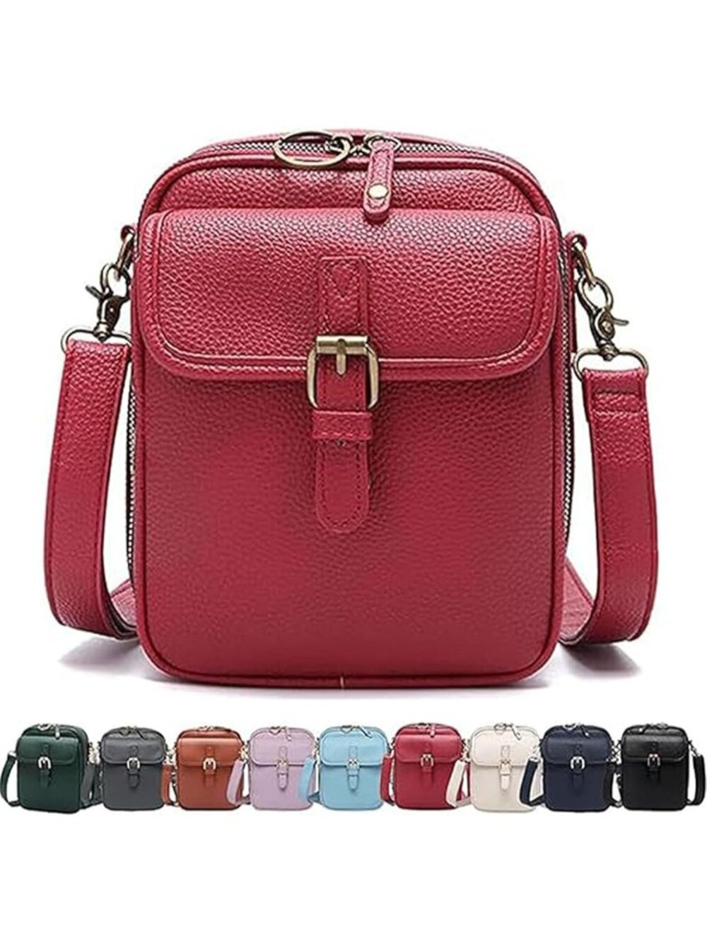 Women's Red Leather Crossbody Bag with Large Capacity Built-in Purse Card Slots